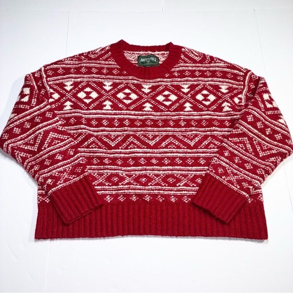 American Eagle Fair Isle Sweater Large Women’s Red White Knit Holiday Ski